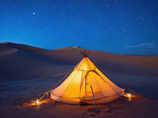 Desert night camping illuminated teepee under stars