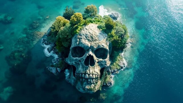 Overhead view of a mysterious pirate skull island in the middle of the ocean