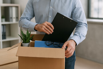 Young man packing personal belongings into a cardboard box in an office setting. concept of job loss, unemployment, career transition, workplace change, starting anew.