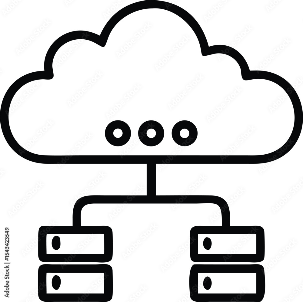 Fototapete Cloud Computing System: A Minimalist Vector Icon Depicting Cloud Storage Connected to Servers, Emphasizing Data Management and Network Infrastructure in Outline Form.