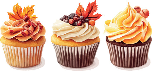 Three delicious autumn themed cupcakes with various toppings including berries nuts and fall leaves arranged on a white background perfect for seasonal baking and dessert