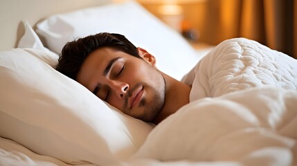 Relaxed man peacefully sleeping in comfortable bed for restful sleep and better health and wellness routine