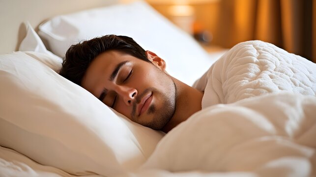 Relaxed man peacefully sleeping in comfortable bed for restful sleep and better health and wellness routine