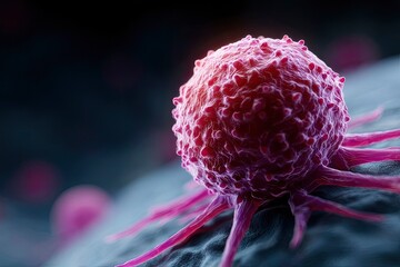 A 3D rendered red and purple cancer cell with protrusions sits on a dark surface against a dark background