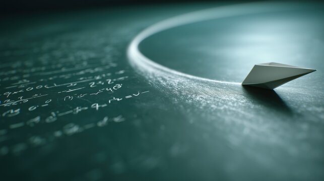 Paper plane on chalkboard with mathematical inscriptions and white arc chalk mark