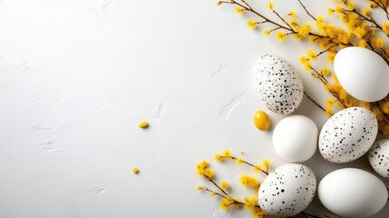 An artistic arrangement of speckled and solid white eggs alongside bright yellow blooms, perfect for celebrating Easter and the arrival of spring with elegance.