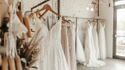 Elegant wedding dress display in modern bridal boutique featuring lace details and chic interior design. concept of bridal fashion, wedding preparation, modern elegance