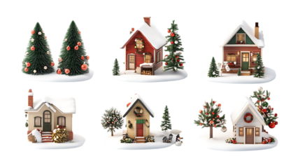 Pack Collection Charming Christmas Village Festive Holiday House Decorations Winter Wonderland Scene Miniature Houses Snowy Cottages Christmas Trees set against transparent background