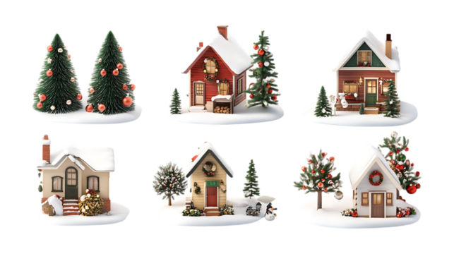 Pack Collection Charming Christmas Village Festive Holiday House Decorations Winter Wonderland Scene Miniature Houses Snowy Cottages Christmas Trees set against transparent background - Powered by Adobe