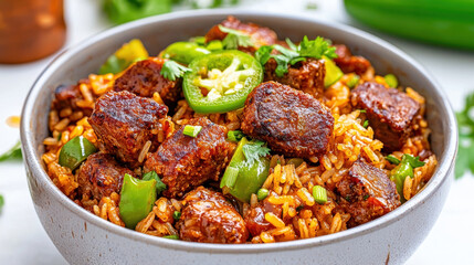 Delicious bowl of jambalaya featuring seasoned rice, sausage, and fresh vegetables, evoking sense of warmth and comfort