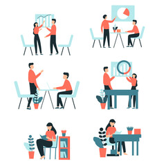 Flat illustration of business people working together in office scenes.
This vector includes multiple office situations such as teamwork, meetings, presentations, analysis, reading reports,
