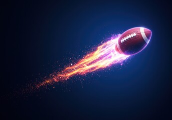 A glowing American football hurtles through the air, trails of fire and sparks following its path