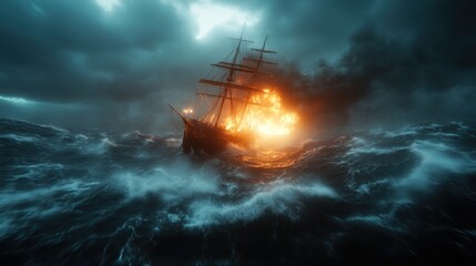 An intense image showcasing a ship ablaze amidst wild, stormy seas, highlighting the fierce power of nature and the vulnerability of mankind against the elements.