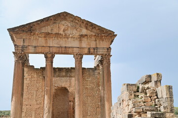 Temple Ruins of Dougga Under Moody Sky in Tunisia &ndash; Dramatic Clouds Over Ancient Roman City