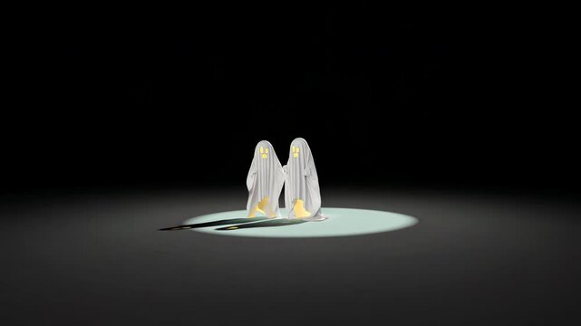 Halloween Playful Ghosts in White Sheets Float in Spotlight, Creating Whimsical Atmosphere of Fun