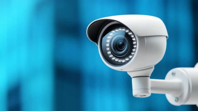 Security Surveillance: A close-up view of a state-of-the-art security camera, its lens focused with precision against a gradient backdrop of sleek security measures.