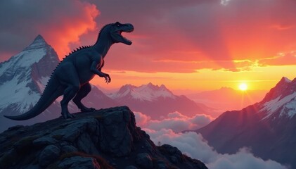 Gigantic theropod roars atop Patagonian peak; dramatic sunset , extinct animal, ridge, silhouette