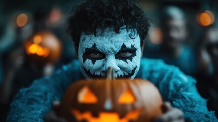A striking Halloween portrait of a character with face paint and a menacing expression, holding a carved pumpkin, perfectly embodying the spooky spirit of the holiday.