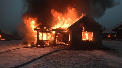A dramatic scene shows a house completely engulfed in flames, showcasing the intense fire's destructive power and the urgency of firefighting efforts in action.