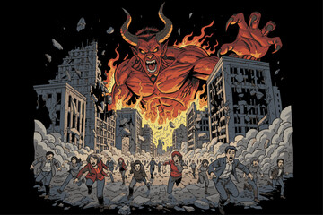Demonic creature terrifies city streets amidst destruction and chaos