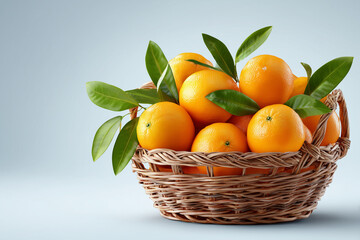 A rustic wicker basket brimming with vibrant, ripe oranges and fresh green leaves, isolated on a clean white background, evoking freshness