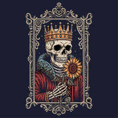 Intricate skeleton wearing regal crown and ornate robes in rich artistic style