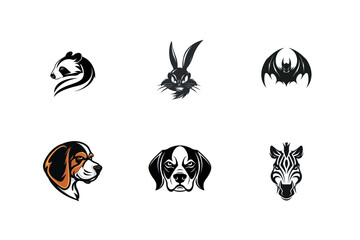 Six stylized animal head logos panda rabbit bat dogs zebra
