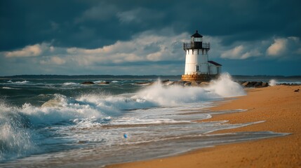 Obraz premium Lighthouse by the ocean shore with crashing waves under a cloudy sky