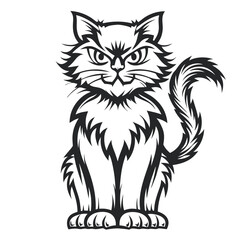 Grumpy Cat Illustration: Feline with Furrowed Brows and Fluffy Tail in Black and White Graphic Style, Perfect for Designs and Creative Projects       