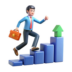 3d cartoon businessman climbing career ladder isolated on transparent background