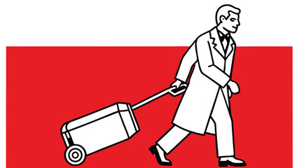 Man in coat pulling rolling suitcase on red and white background illustration style image art