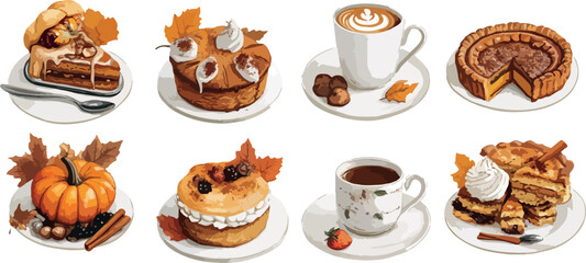 Festive Fall Dessert Collection An array of autumn themed treats including pumpkin pie layered cakes coffee and seasonal decorations perfect for Thanksgiving or autumnal celebrations