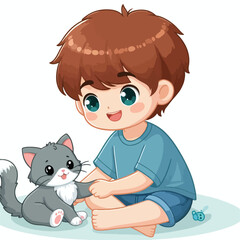 Cute boy cartoon vector playing with cat on white background
