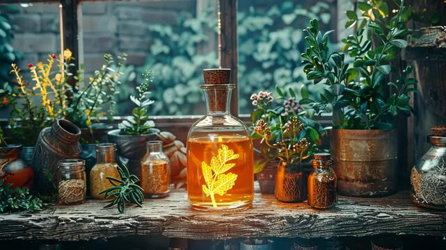 A magical potion in a decorative bottle surrounded by dried and fresh herbs. Aesthetics of magic, nature and alchemy, herbalism, illustrations for books or games