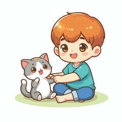 Cute boy cartoon vector playing with cat on white background