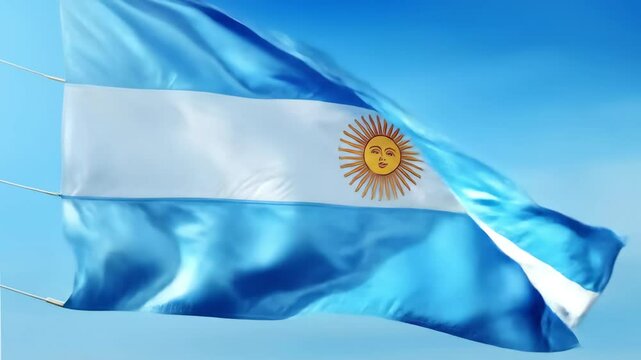Argentina Flag Waving with Sun of May: National Symbol of South American Culture, Patriotism & Tango. 4K Video Footage.