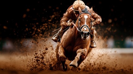 A dynamic image of a jockey racing atop a powerful horse, capturing the intense thrill of competition and the beauty of speed and athleticism in the equestrian world.