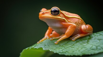 Fototapeta premium A striking orange frog rests elegantly on a green leaf, showcasing nature's vivid colors and the enchanting beauty of amphibians in their natural habitats.