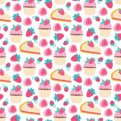 Sweet strawberry desserts and berry fruits seamless pattern. Slices of cheesecakes, cupcakes, mochi and berry fruits. Flat style vector illustration