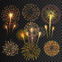 Bright golden fireworks bursts isolated on a transparent background, ideal for celebration and festive design elements. Vector illustration

