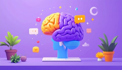 Creative Brainstorming: Colorful Brain with Icons, Plants and Head on Violet Background