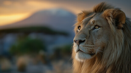 Obraz premium Lion on Savanna at Sunset with Golden Light