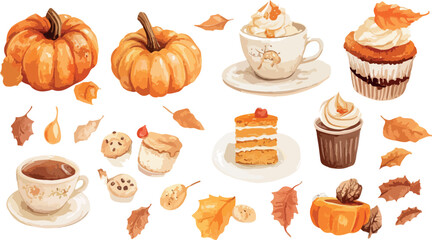 Watercolor Autumn Treats and Pumpkins Illustration A delightful collection of pumpkins cupcakes coffee and autumn leaves perfect for seasonal designs and festive celebrations vector illustration