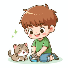 Cute boy cartoon vector playing with cat on white background