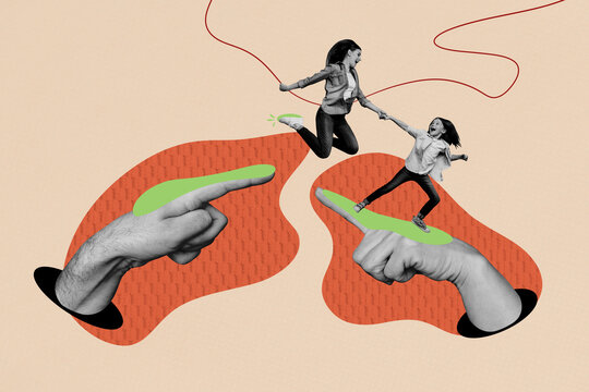 Composite sketch image design artwork collage of body language showing hand gesture finger point young lady mom hold girl daughter jump