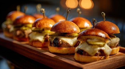 mini burgers with melted cheese on top, pickle slices, glossy slider buns