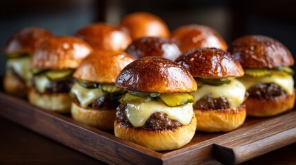 mini burgers with melted cheese on top, pickle slices, glossy slider buns