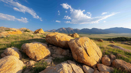 Golden boulders under blue sky with mountain range and grassy field, peaceful natural landscape