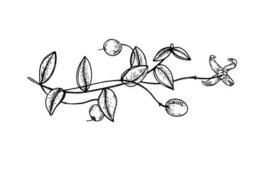 Creeping horizontal cranberry branch with berries and flowers monochrome vector illustration. Botanical element for organic cosmetics packaging, beauty product label, spa menus, healthy food.