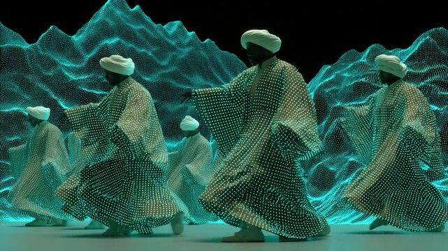 Mystical Dervishes Dancing Against a Cyberpunk Landscape of Light and Shadow in a Modern Setting